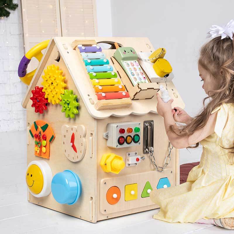 Kletshuts™ BusyHouse: Multifunktionales Montessori Hölzernes Beschäftigtes Haus