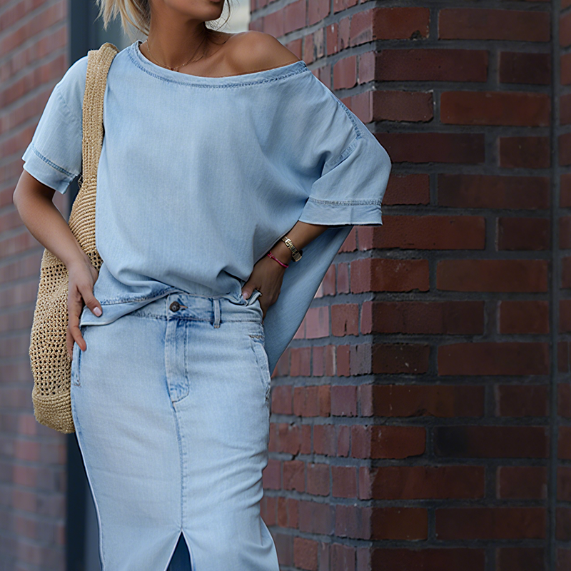 Icone™ FashionSet: Stilvolles Aus-Schulter Top Und Jeansrock