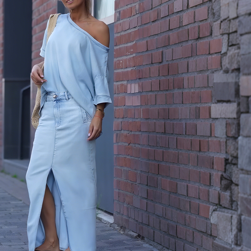 Icone™ FashionSet: Stilvolles Aus-Schulter Top Und Jeansrock